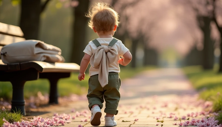 Spring Layer System in Action: Comfortable Toddler Dressed for Mild Weather Toddler walking on spring park path wearing short-sleeved tee and joggers with pullover tied around shoulders, demonstrating flexible three-layer outfit system for mild weather