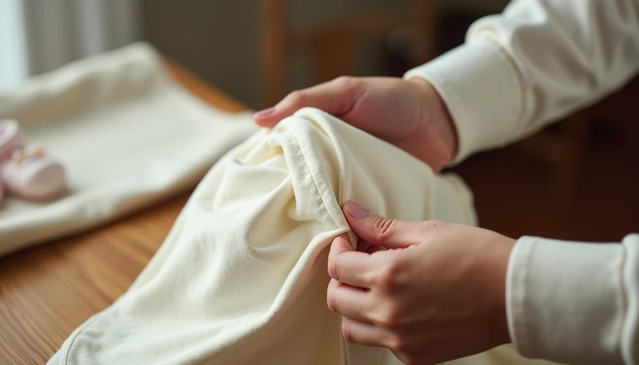 What Quality Looks Like Up Close: The Bodysuit Details That Justify a Higher Price Parent hands gently stretching cream cotton baby bodysuit showing flat-laid seams and envelope neckline construction detail that makes quality bodysuits worth paying more for in baby wardrobe