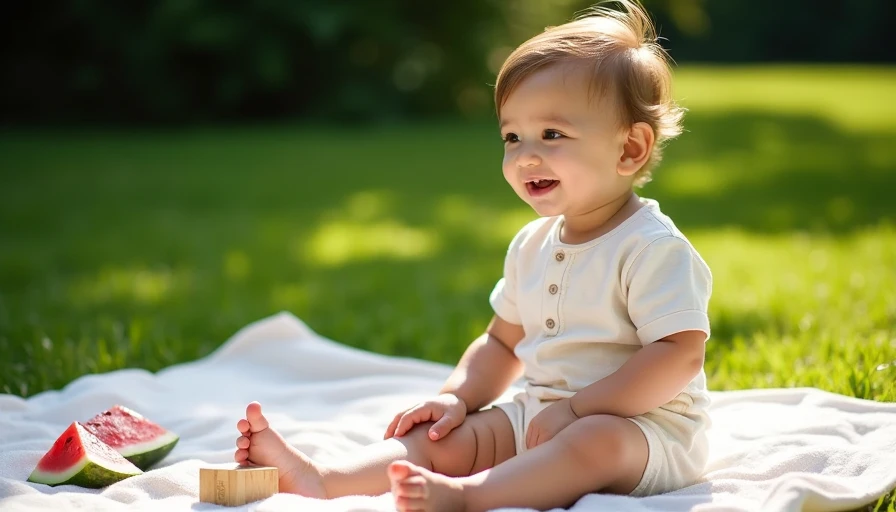 Carter's PurelySoft Summer Line: Soft Cotton That Lets Kids Forget What They're Wearing Toddler in cream cotton romper sitting on blanket in sunny backyard playing with wooden blocks and watermelon, showing soft breathable summer kidswear that keeps child comfortable during real outdoor play