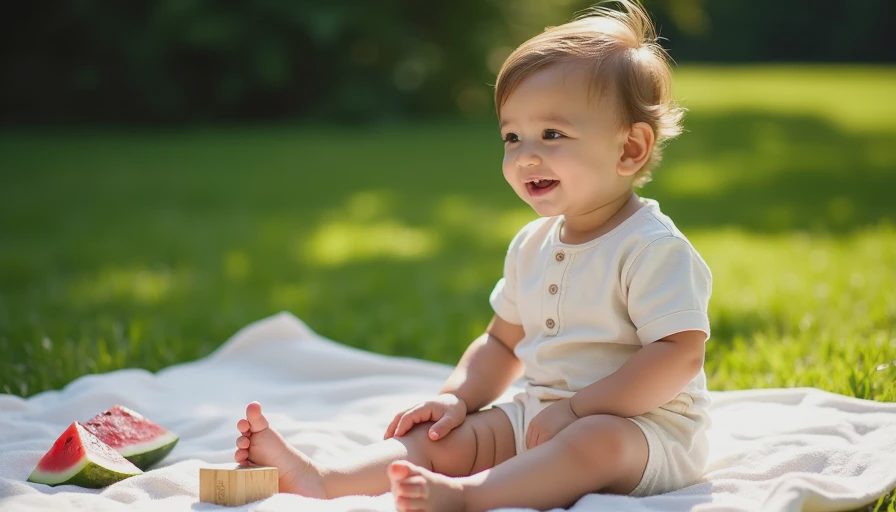 Carter's PurelySoft Summer Line: Soft Cotton That Lets Kids Forget What They're Wearing Toddler in cream cotton romper sitting on blanket in sunny backyard playing with wooden blocks and watermelon, showing soft breathable summer kidswear that keeps child comfortable during real outdoor play
