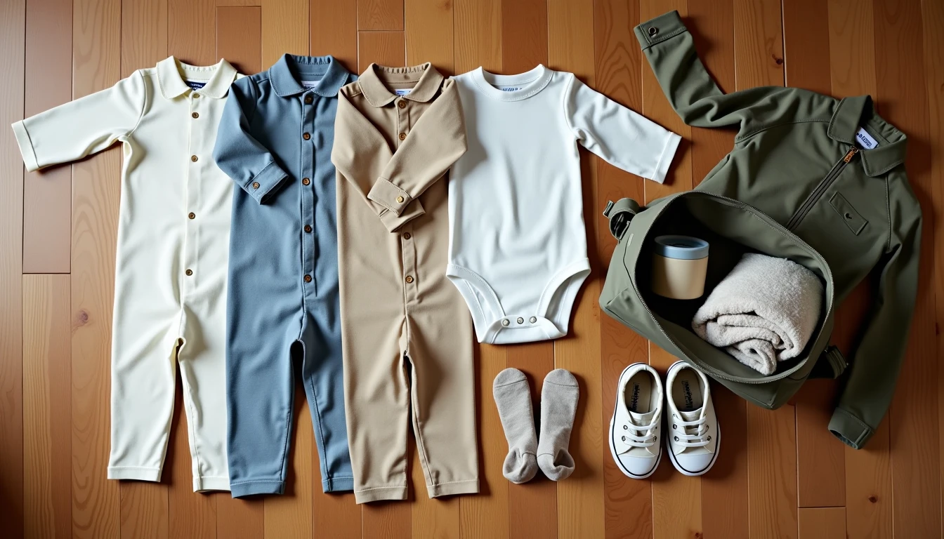 The Core Formula in View: Five Outfits, One Layer, Everything a Toddler Needs for Three Days Five neatly folded toddler outfits in cream oatmeal dusty blue and sand tones arranged on wooden floor with day bag sneakers and lightweight jacket.