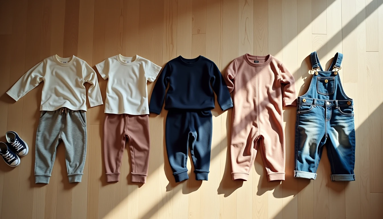 The Power of Two Choices: How Simple Outfit Formulas Give Preschoolers Calm Independence Preschooler reaching toward two simple outfit options hanging at child height in uncluttered wardrobe showing soft tee with joggers and cotton dress with leggings for calm independent morning dressing choice