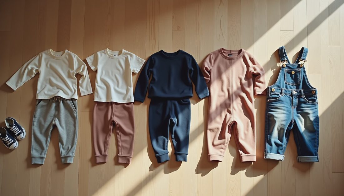The Power of Two Choices: How Simple Outfit Formulas Give Preschoolers Calm Independence Preschooler reaching toward two simple outfit options hanging at child height in uncluttered wardrobe showing soft tee with joggers and cotton dress with leggings for calm independent morning dressing choice
