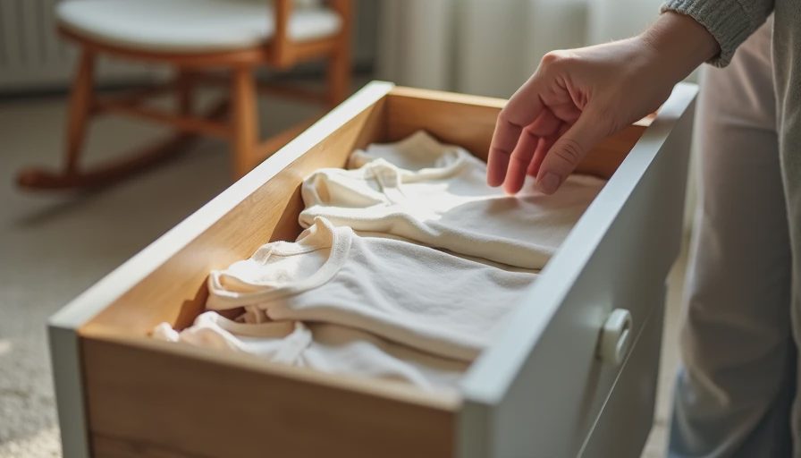 The Right Rotation: How Many Everyday Outfits a Young Child Really Needs Parent hand selecting cream cotton tee from neatly organized toddler dresser drawer with seven to ten everyday outfit pieces, showing intentional kidswear rotation for manageable mornings