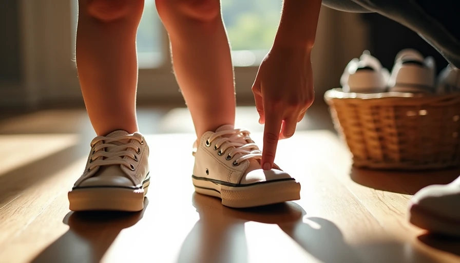 The Thumb's-Width Rule: Why Shoes Need to Fit Now, Not Someday Parent hand checking toe fit on child's canvas sneakers with thumb-width growing room while outgrown shoes sit in background basket showing true-to-size footwear principle for growing feet