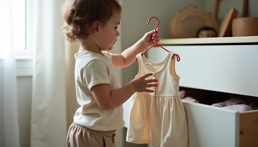 Toddler holding unused floral collaboration dress on hanger while standing beside open drawer of well-worn everyday clothes showing gap between trendy kidswear purchases and what children actually wear daily