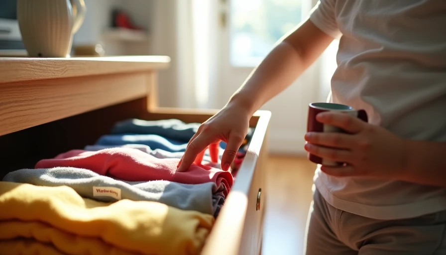 The Wednesday Bundle: How a One-Week Rotation Gives Children Independence and Parents a Calmer Morning Young child's hand pulling pre-assembled Wednesday outfit bundle from dresser drawer with seven weekly rotation stacks neatly arranged showing calm independent morning dressing system for busy families