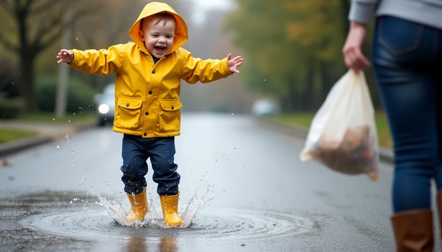 Toddler mid-jump splashing in shallow puddle wearing yellow waterproof jacket with hood up navy rain boots and waterproof pants showing simple practical rain gear that lets child enjoy wet weather freely