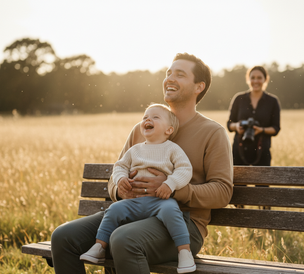 Young child in cream knit sweater and dusty blue elastic-waist pants laughing on parent's lap during golden-hour family photo session showing comfortable coordinated outfit that lets child relax and be themselves