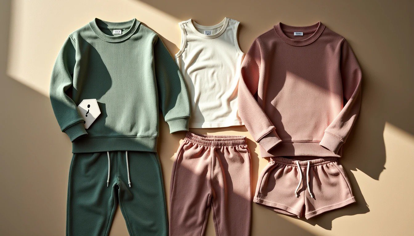 Two Zara Kids soft matching sets in sage green and dusty rose folded on beige linen with question mark tag and well-worn everyday basics between them asking whether coordinated sets are trendy or truly practical for real children