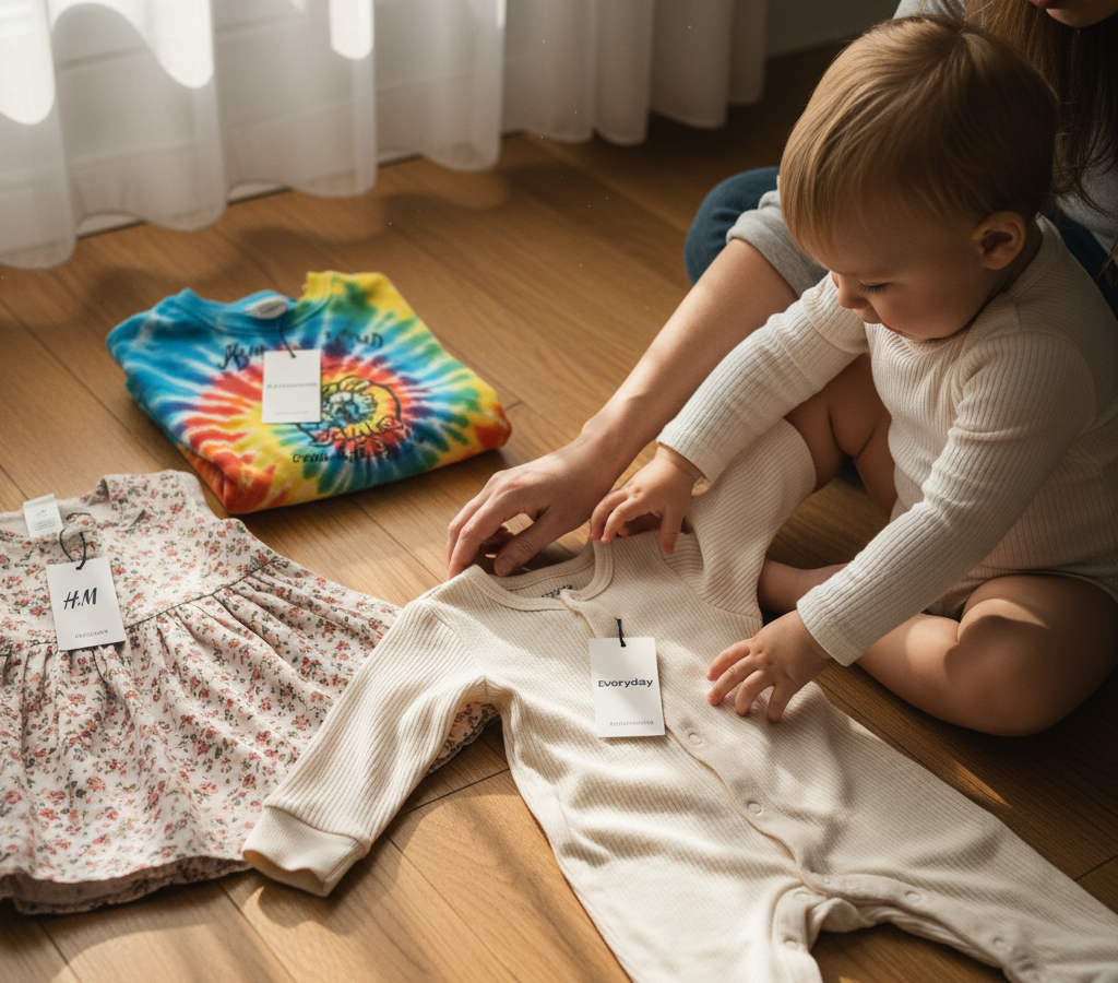 Toddler reaching for soft cream cotton romper from pile of new kidswear purchases while floral dress and graphic sweatshirt sit aside with tags still on showing which launch piece a child actually chooses