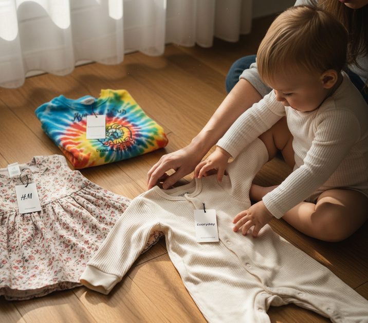 Toddler reaching for soft cream cotton romper from pile of new kidswear purchases while floral dress and graphic sweatshirt sit aside with tags still on showing which launch piece a child actually chooses