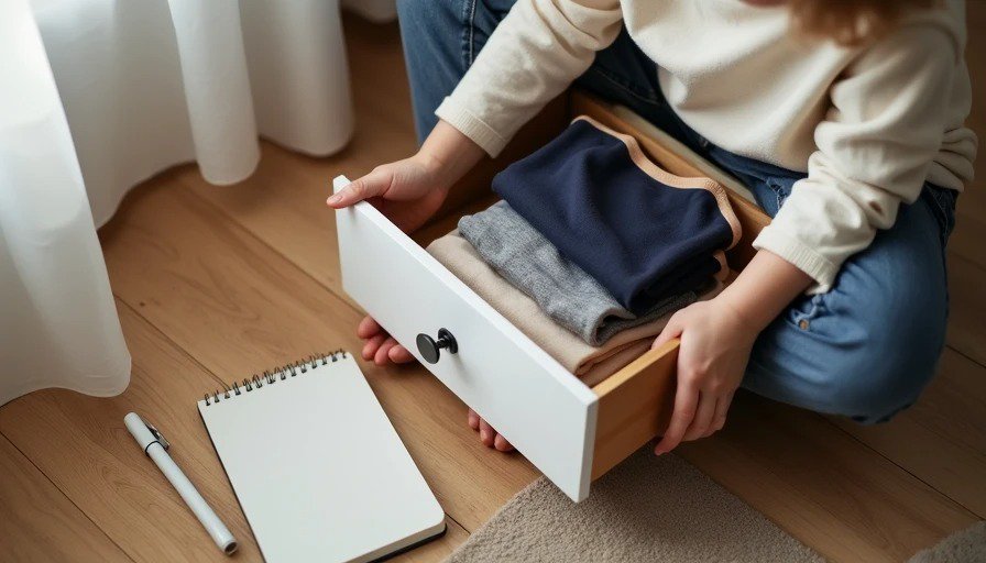The Drawer Reset: Choosing What Stays Based on What a Child Actually Wears Parent hands sorting toddler dresser drawer setting aside unworn cute clothes with tags still attached while keeping well-loved everyday pieces showing intentional wardrobe reset based on what child actually wears