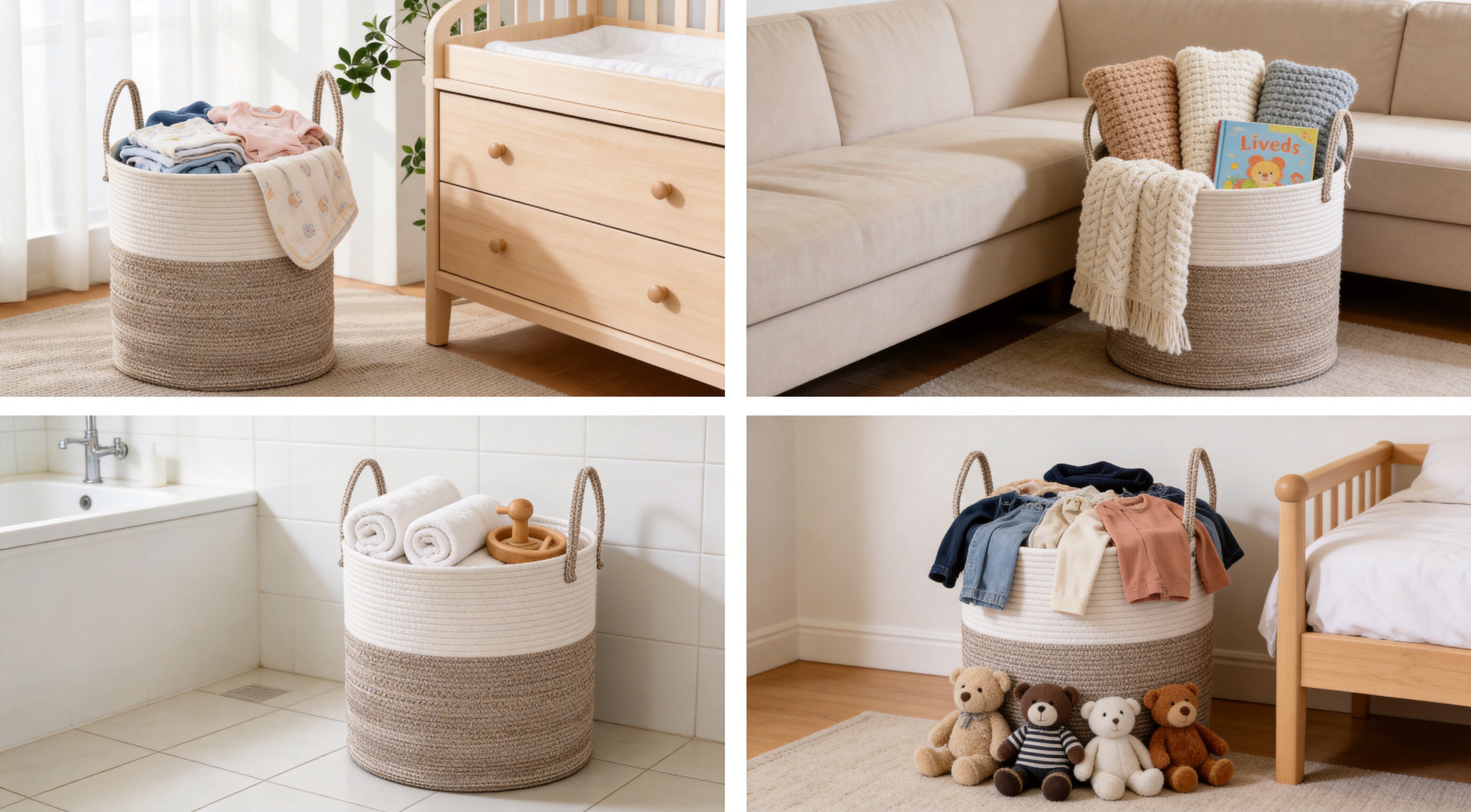 Cotton rope laundry basket used in nursery living room bathroom and bedroom