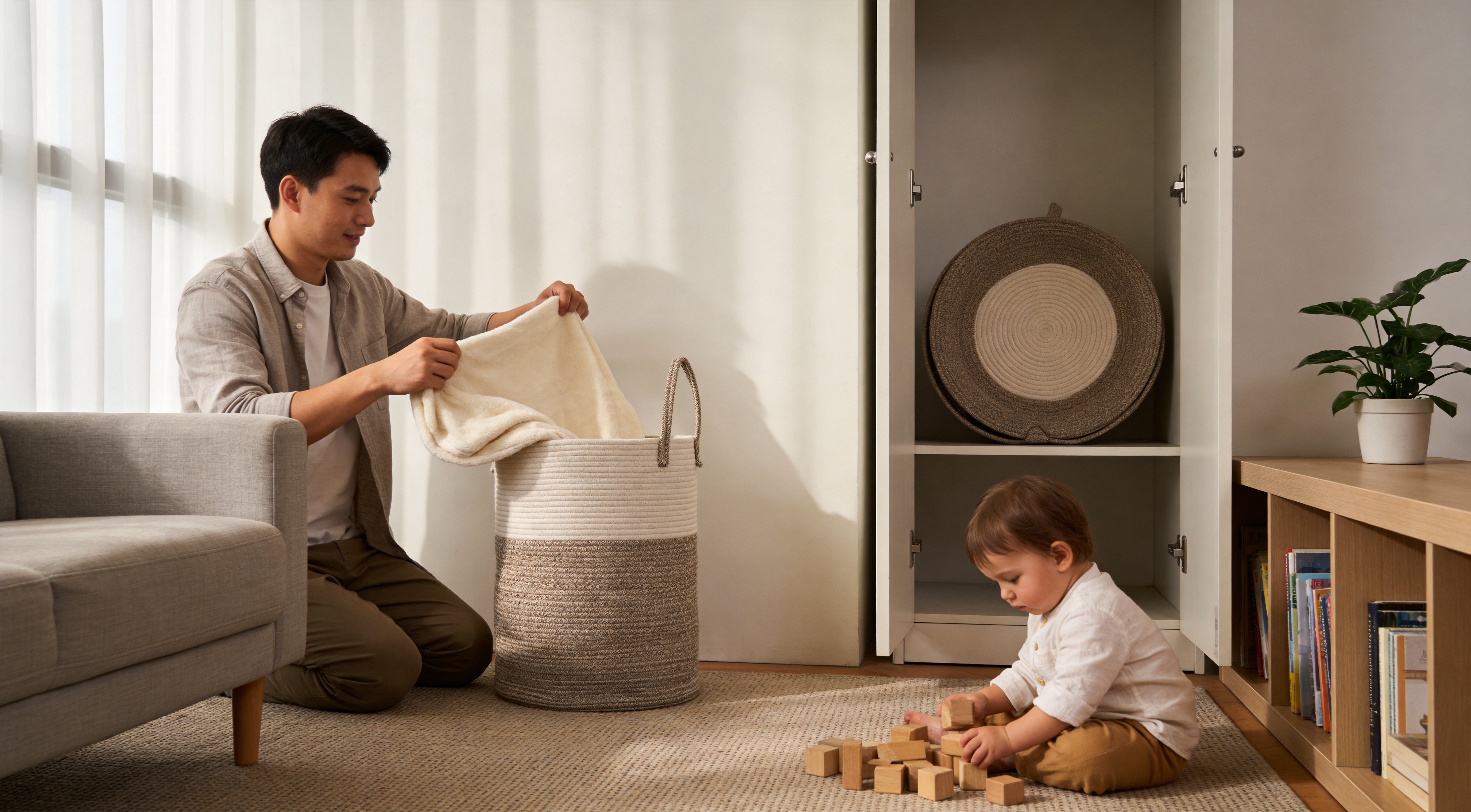 Parent folding blanket into cotton rope laundry basket in small apartment with toddler nearby
