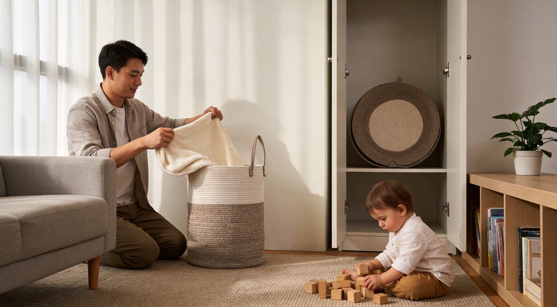 Parent folding blanket into cotton rope laundry basket in small apartment with toddler nearby