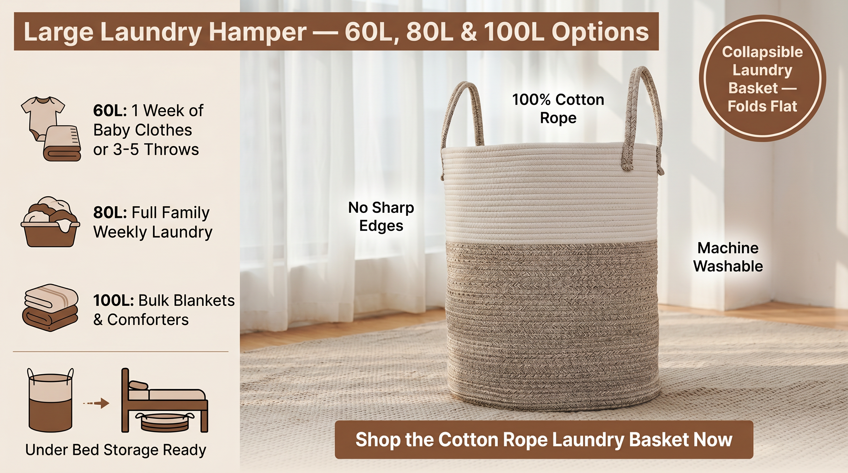 Shop the Cotton Rope Laundry Basket Now – 60L 80L 100L Laundry Hamper Large cotton rope laundry hamper size comparison 60L 80L 100L with collapsible storage features and CTA button
