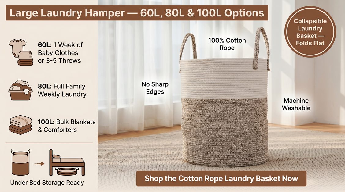 Large cotton rope laundry hamper size comparison 60L 80L 100L with collapsible storage features and CTA button