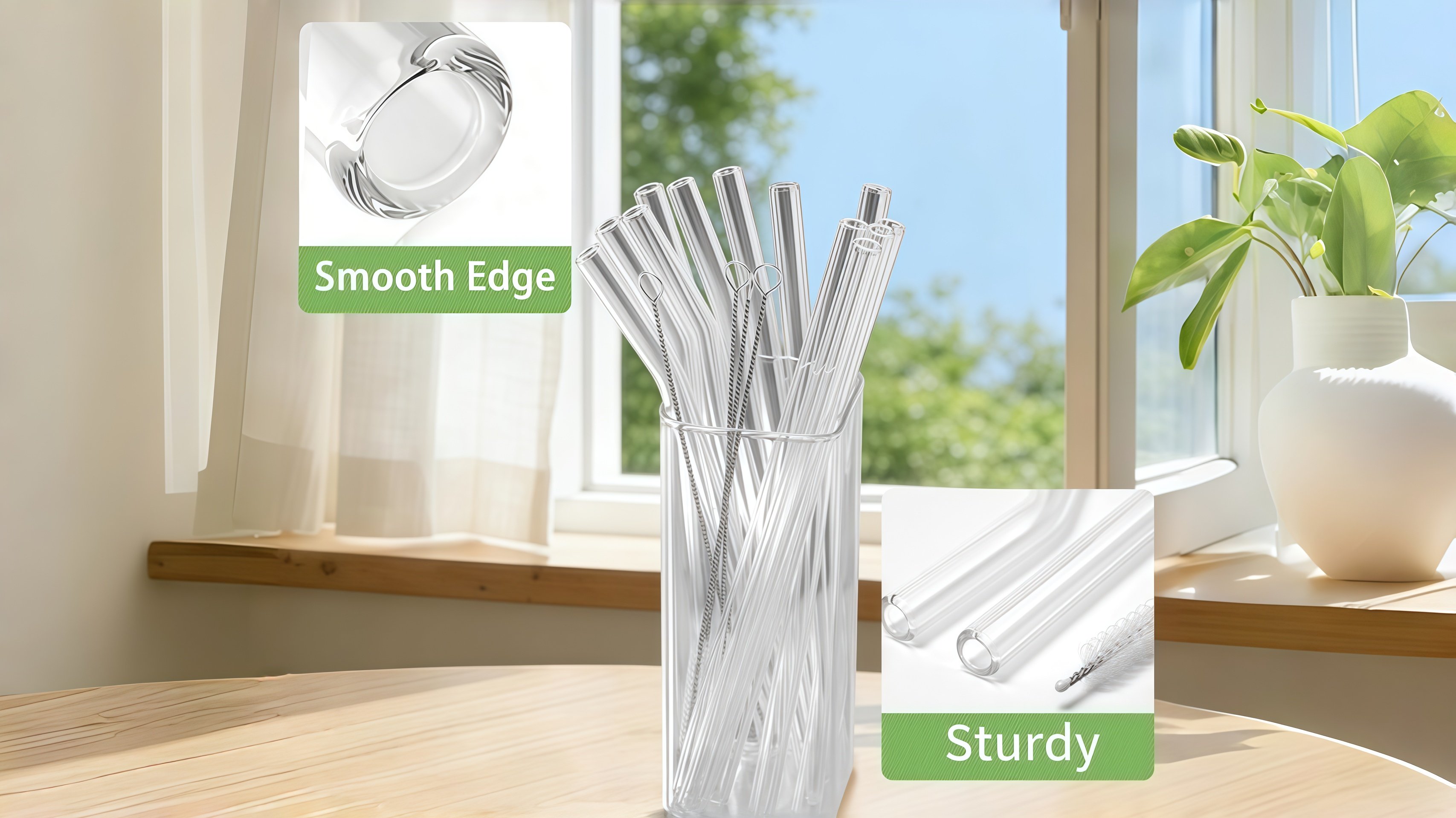 Smooth edge and sturdy construction of Piteno glass drinking straws, showcased in a bright kitchen setting