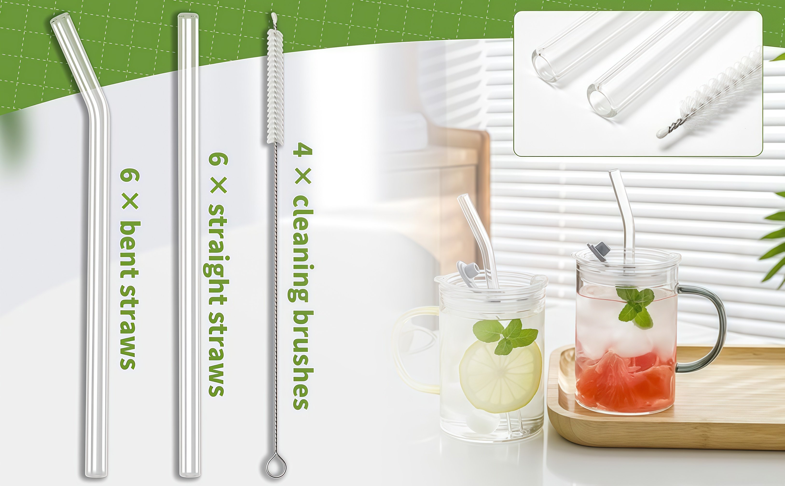 Piteno reusable glass straws set contents displayed on a clean kitchen surface, featuring 6 straight straws, 6 bent straws, and 4 cleaning brushes