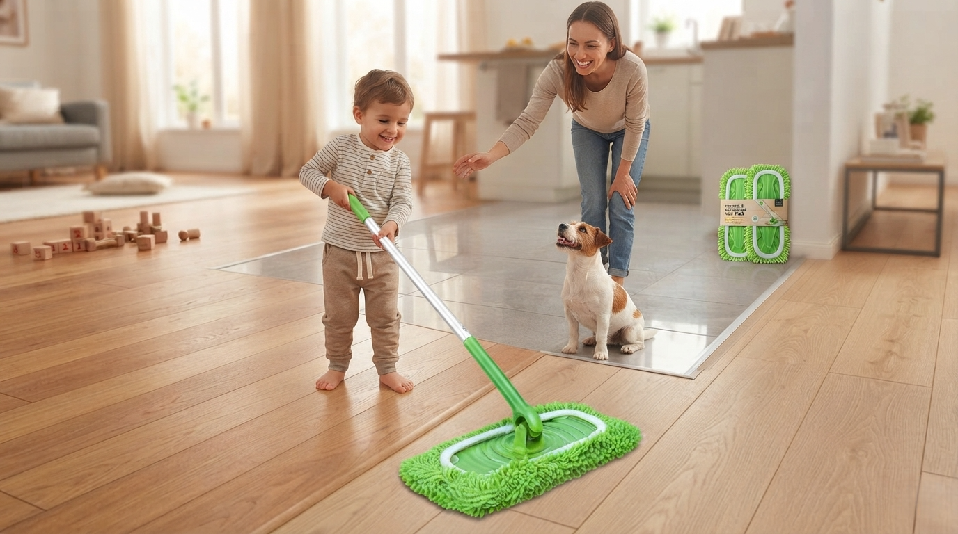 Happy child helping with floor cleaning using reusable green microfiber mop pad in bright family living room