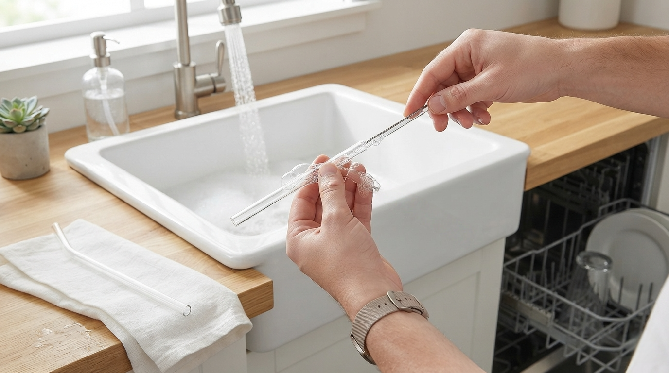 Hand cleaning a reusable glass straw with the matching brush at a kitchen sink, demonstrating the easy cleaning process with brush length matching straw length