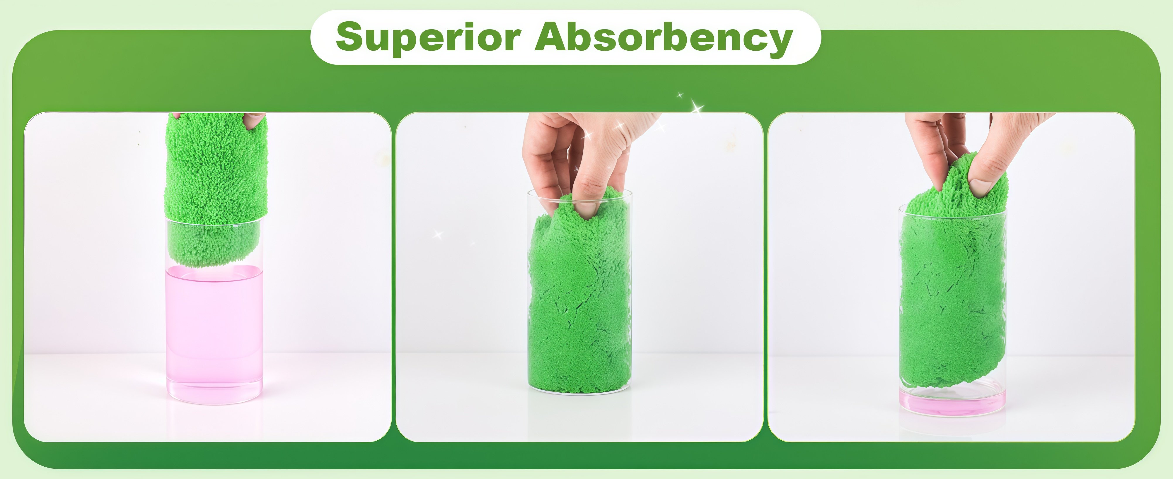 Green microfiber mop pad absorbing spilled water on hardwood floor showing superior absorbency