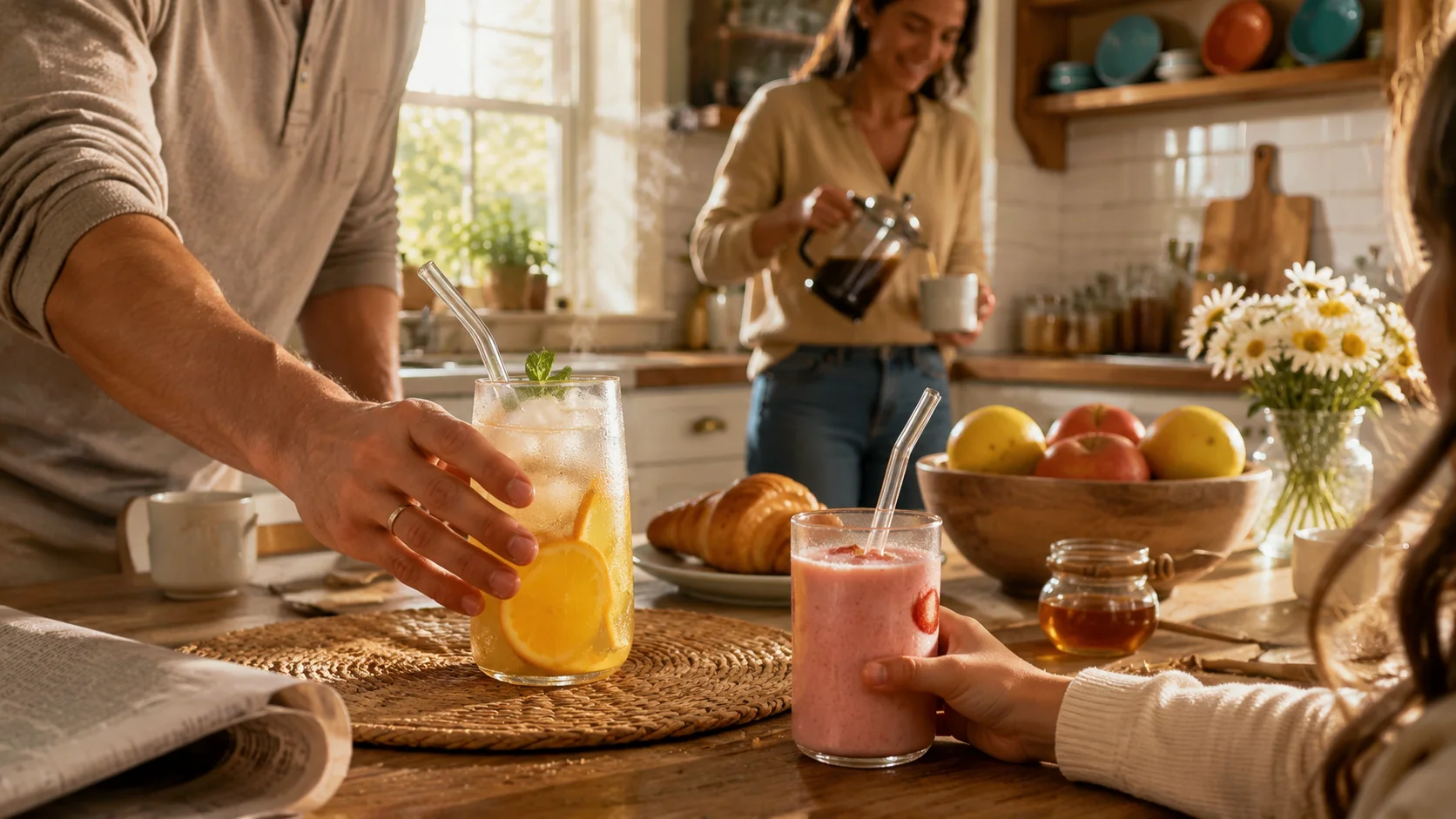 Family morning breakfast scene with parent and child drinking orange juice and smoothie using reusable glass straws in a sunlit kitchen