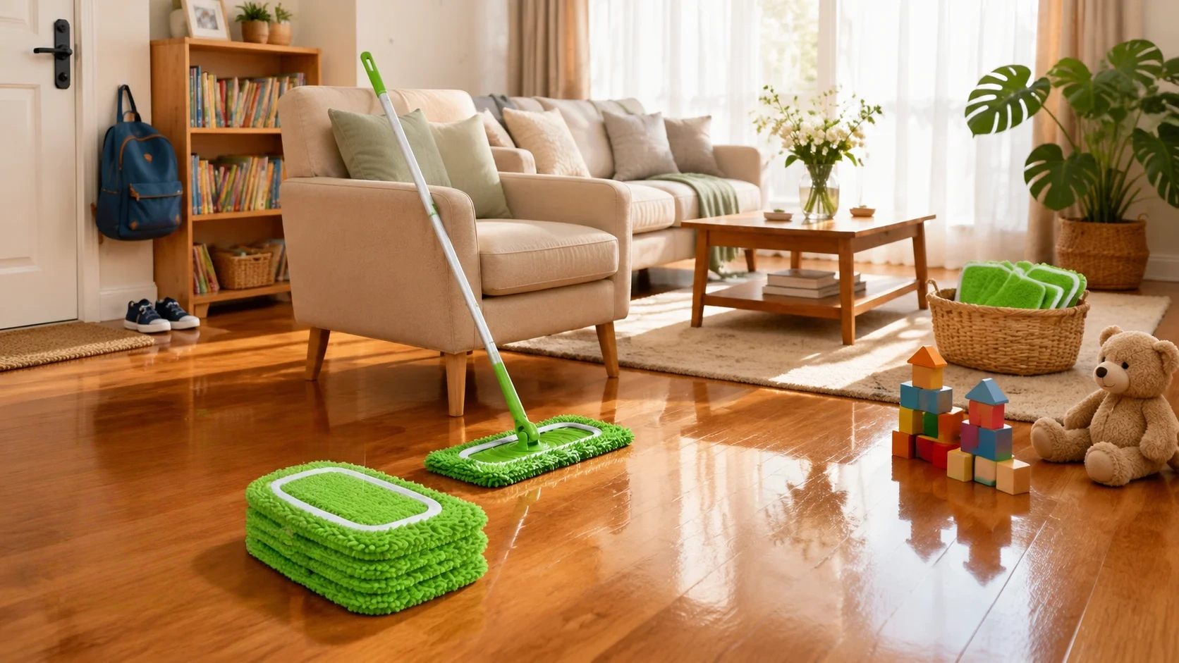 Clean family living room with reusable green microfiber mop pads and sweeper mop ready for floor cleaning