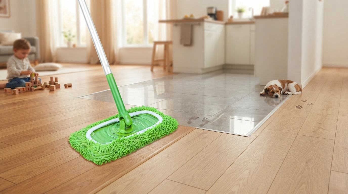 Reusable green microfiber mop pad safely cleaning hardwood tile and laminate floors in a family home with kids and pets